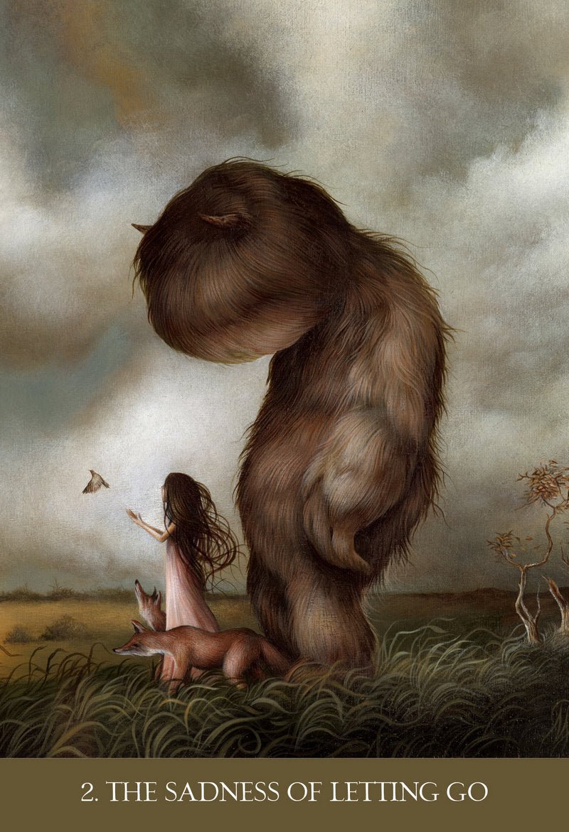 Into The Lonely Woods Oracle deck, The Sadness of Letting Go card with bear in moody dark landscape — Eternal Spirit
