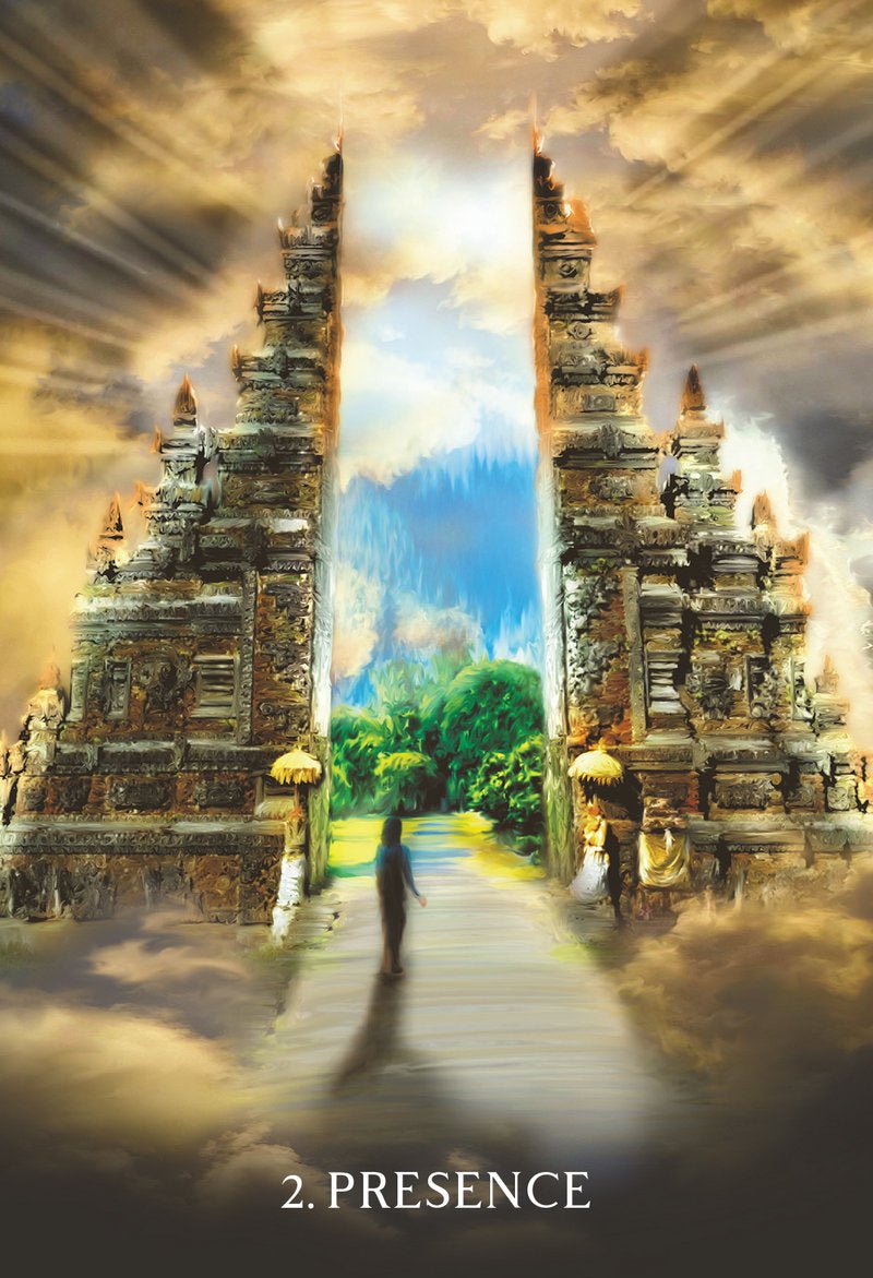 The Oracle Of Portals Cards, Presence card showing golden temple amid clouds with angelic light — Eternal Spirit