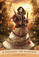 Practical Magic Oracle deck, Enchant the Everyday card with autumn witch and flowing golden leaves — Eternal Spirit