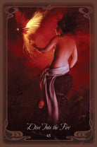 The Queen Mab Oracle deck, Dare Into the Fire card with luminous red-haired woman and flames — Eternal Spirit
