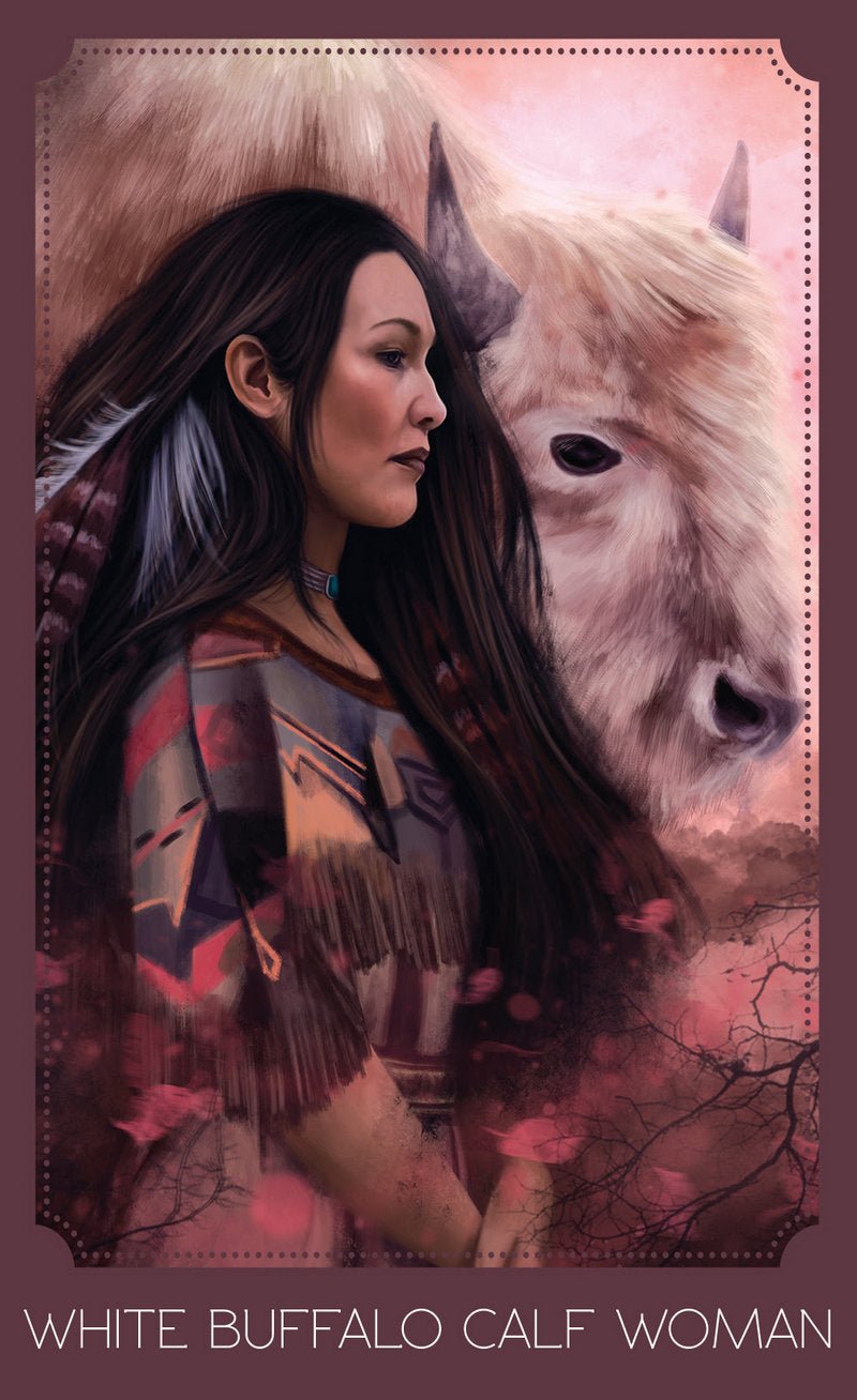 Goddess Within Oracle deck, White Buffalo Calf Woman card with indigenous goddess and white buffalo — Eternal Spirit