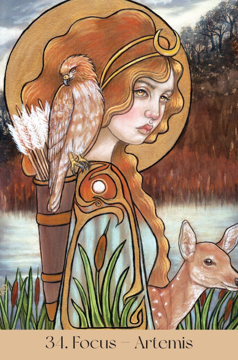 Maidens Of The Wheel Oracle deck, Focus Artemis card 34 with goddess and deer in forest setting — Eternal Spirit