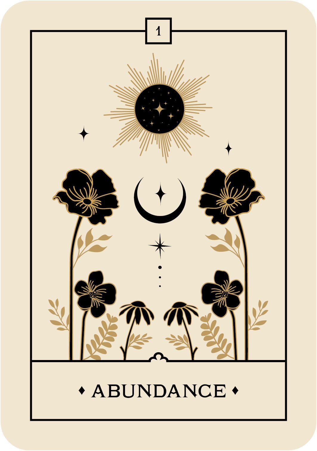 Voice Of The Souls Oracle deck, Abundance card with minimalist botanical clover and celestial symbols — Eternal Spirit