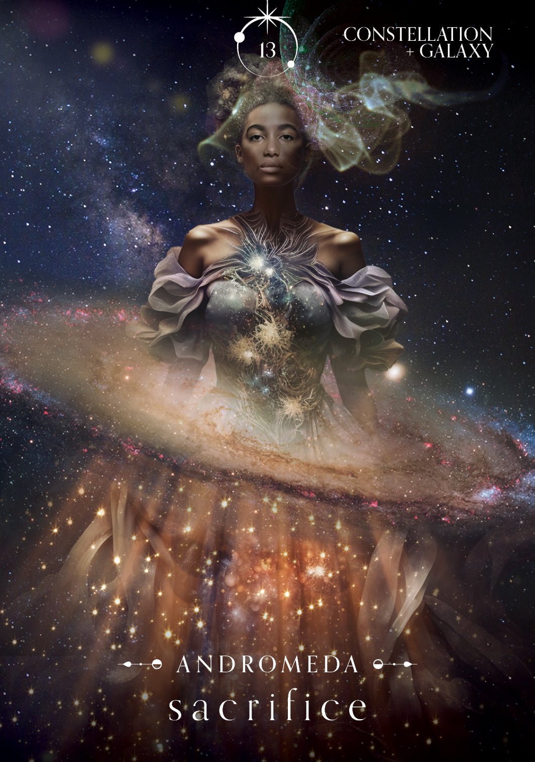 Oracle Of The Universe deck, Andromeda Sacrifice card with constellation star map and galaxy art — Eternal Spirit