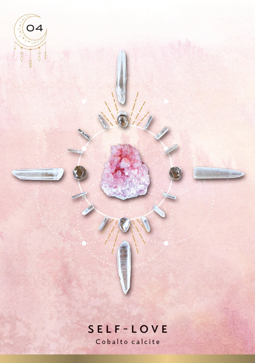 Crystal Grid Oracle Cards (Deluxe Edition), self-Love card with pink crystal heart on rose quartz — Eternal Spirit