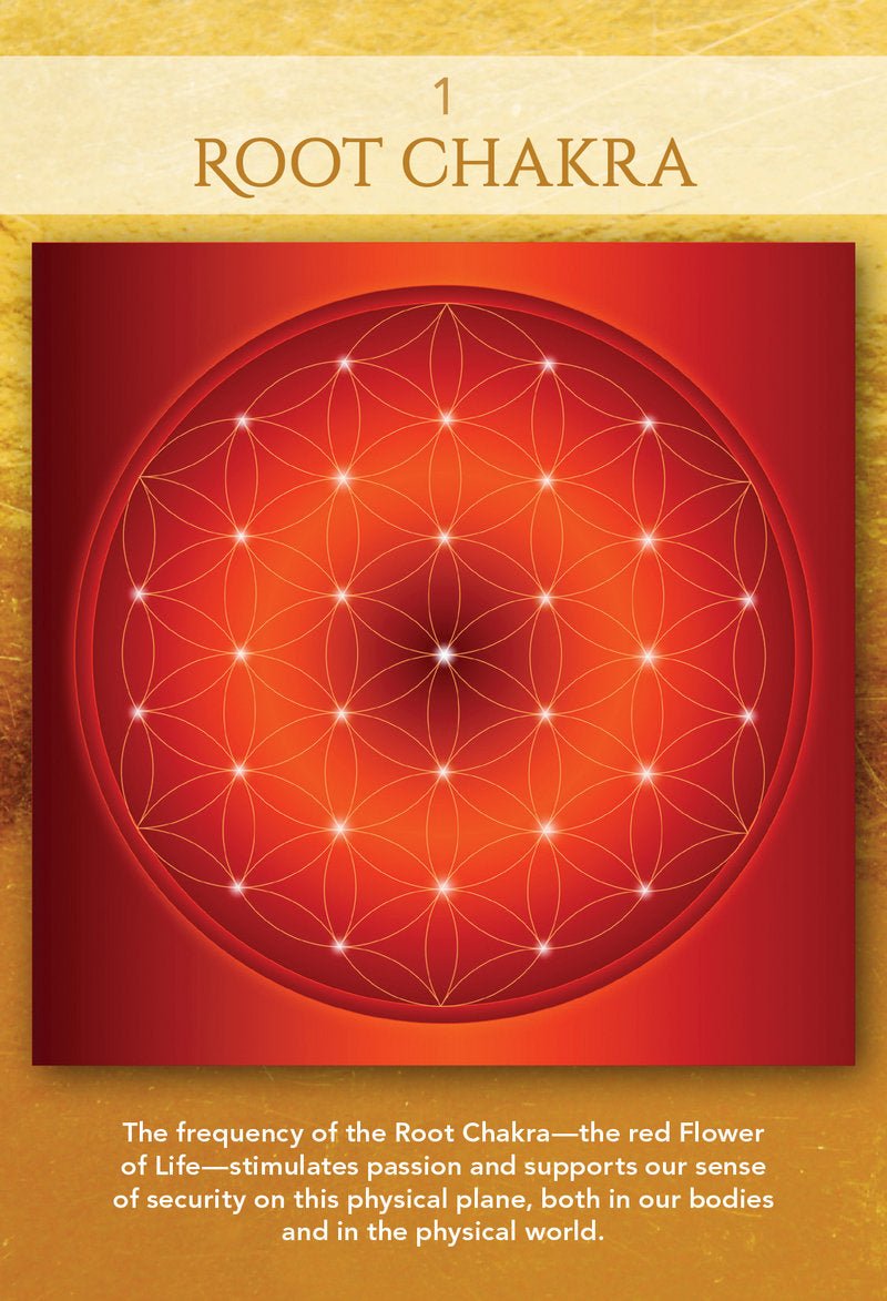 Sacred Geometry Activations Oracle deck, Root Chakra card with red geometric pattern and sacred symbol — Eternal Spirit