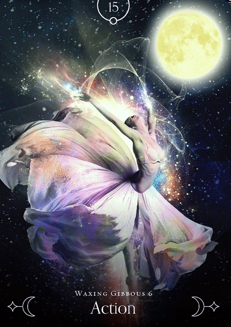 Queen Of The Moon Oracle deck, Waning Gibbous Action card with leopard under starlit sky — Eternal Spirit