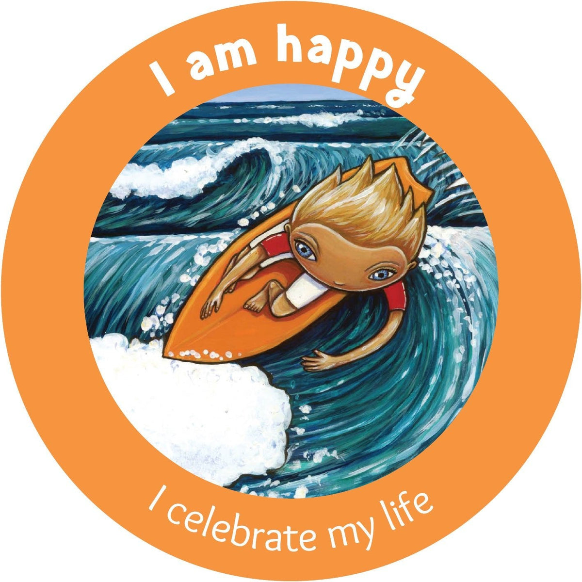 Children's Wellbeing Cards, I Am Happy card with fox and orange circular joyful design — Eternal Spirit