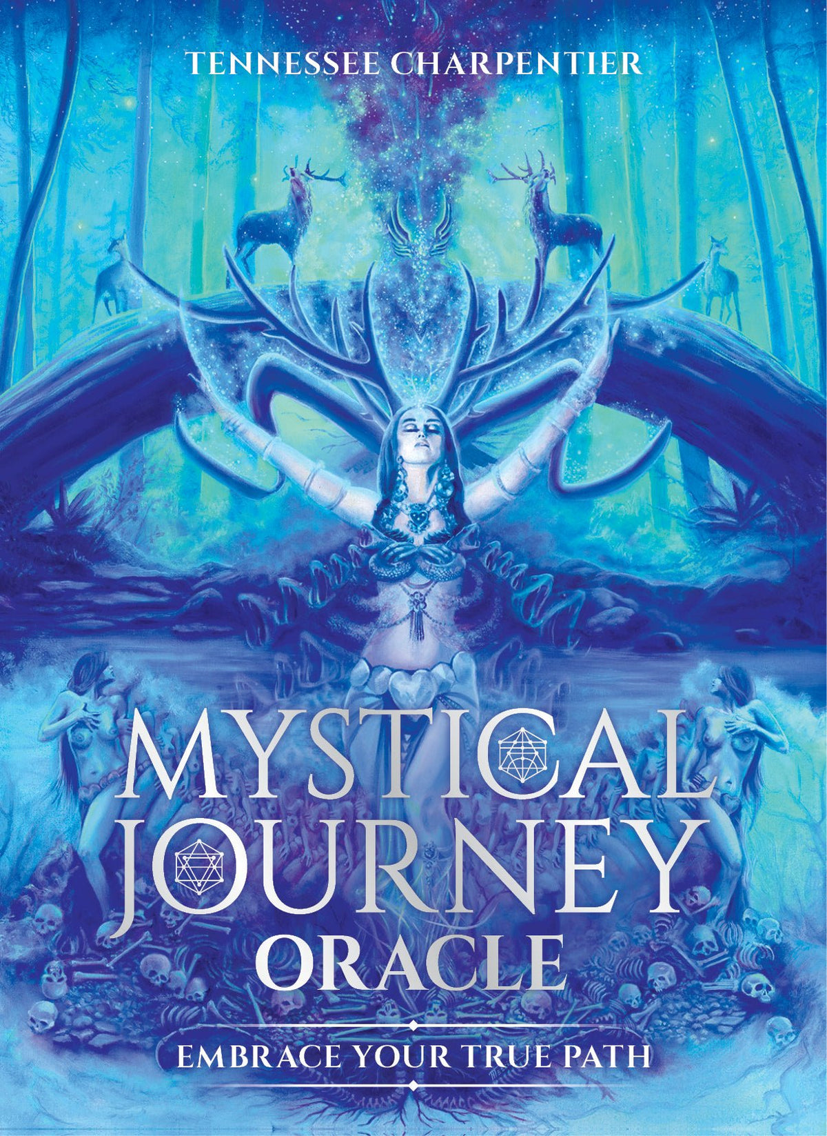 Mystical Journey Oracle box with blue crystal forest and glowing stag — Eternal Spirit