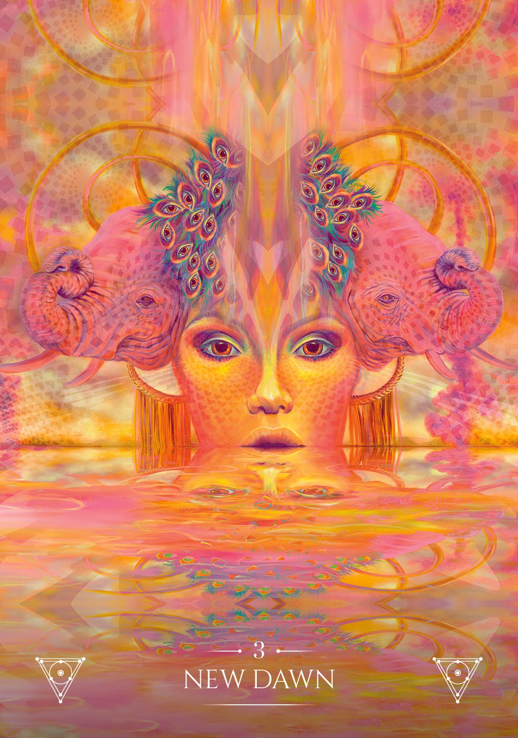 Mystical Journey Oracle deck, New Dawn card with psychedelic faces and vibrant rainbow colour swirls — Eternal Spirit