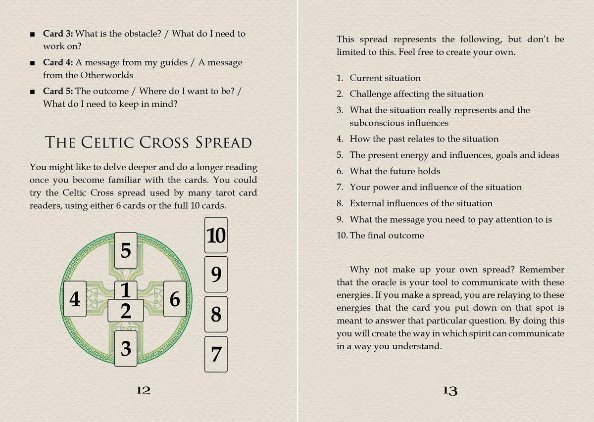 Celtic Spirit Oracle deck, Celtic Cross Mosaic guidebook page with spread layout description — Eternal Spirit