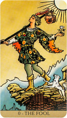 The Fool card with traveller and dog in vintage style, Radiant Wise Spirit Tarot — Eternal Spirit