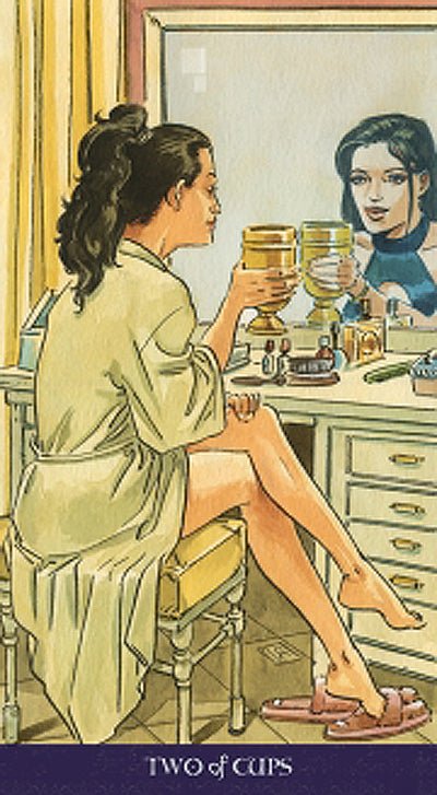 Two of Cups card with golden chalices and figures, Pagan Tarot — Eternal Spirit
