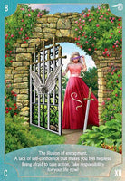 Woman in red dress at stone gateway, Angel Wisdom Tarot card — Eternal Spirit