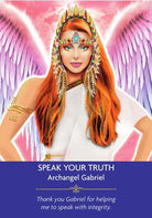 Angel Prayers Oracle deck, Speak Your Truth card showing Archangel Gabriel with red hair and pink wings — Eternal Spirit
