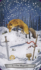 The Magician card with snow-scene wolf and mystical tools, Animal Totem Tarot — Eternal Spirit