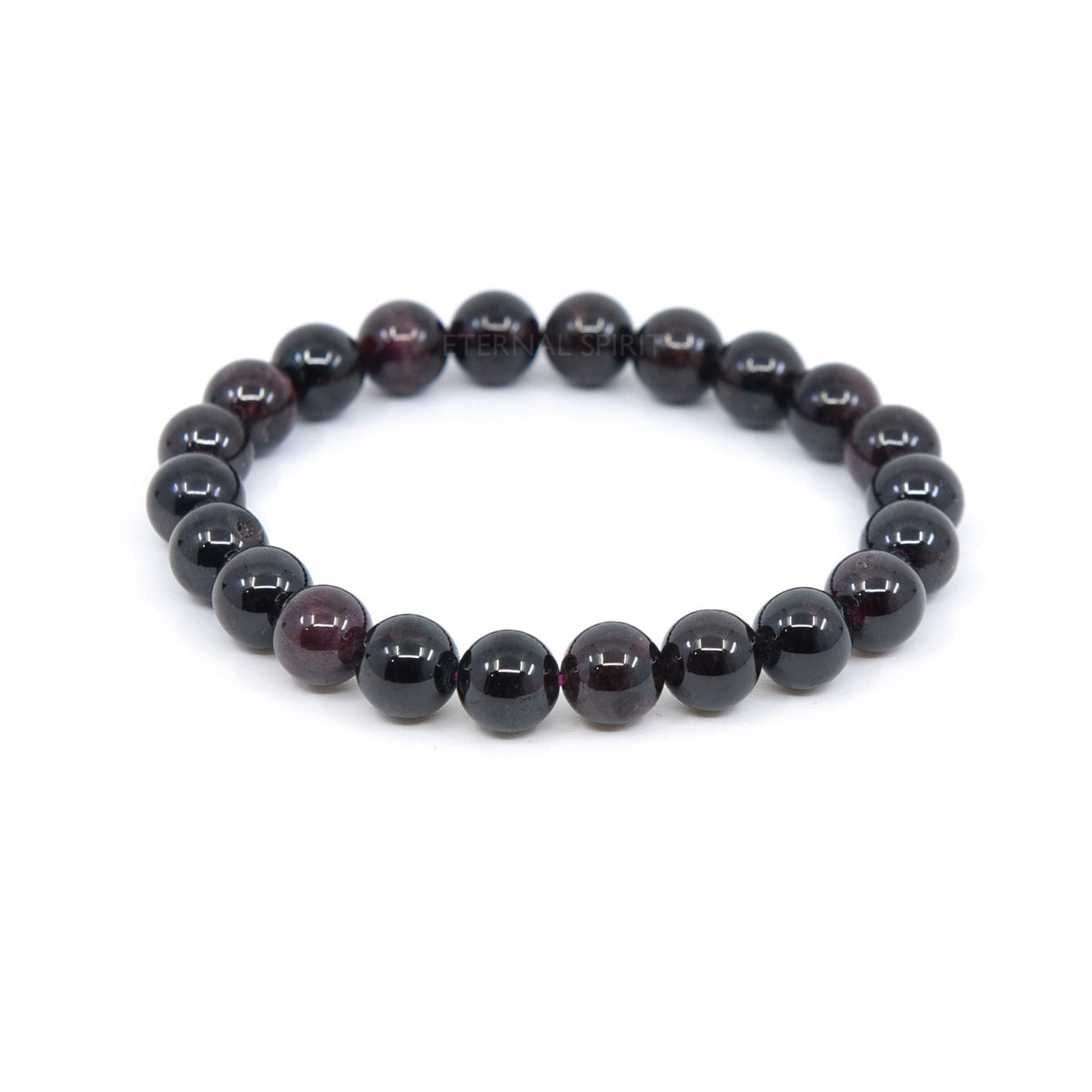 polished Garnet 8mm round bead bracelet on white background — Eternal Spirit