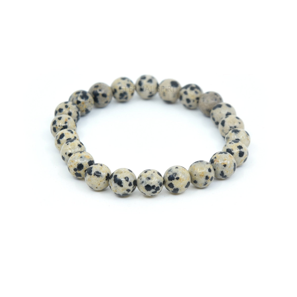 polished Dalmatian Stone 8mm round bead bracelet on white background — Eternal Spirit