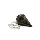 Labradorite large faceted pendulum, iridescent blue-grey texture and chain detail — Eternal Spirit