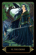 VI The Crone card with cloaked woman in moonlit forest, Dreams of Gaia Tarot — Eternal Spirit