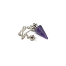 Close-up of Amethyst metal cone pendulum, violet stone detail — Eternal Spirit