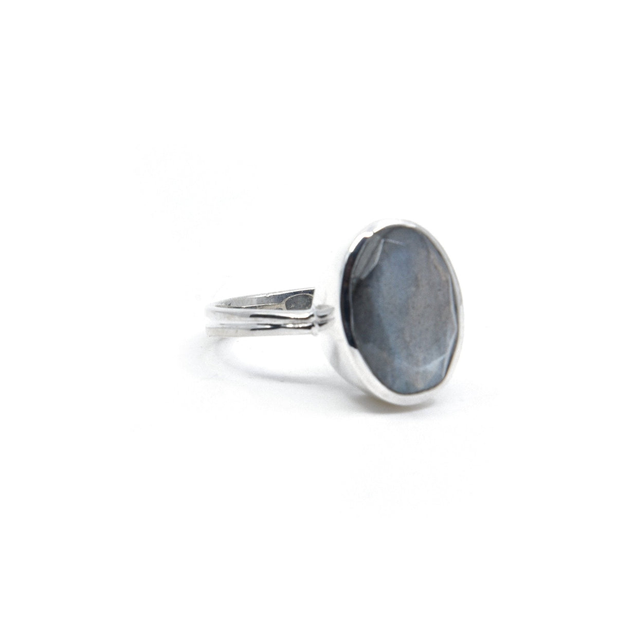 Labradorite ring #R543 angled to reveal its polished setting and silver band — Eternal Spirit