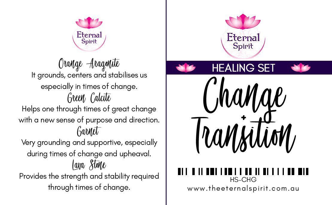 Crystals from Change Transition healing set displayed on surface — Eternal Spirit