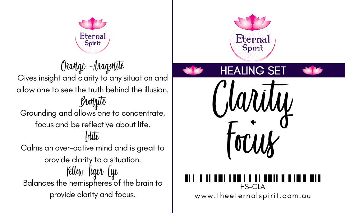 Crystals from Clarity Focus healing set displayed on surface — Eternal Spirit