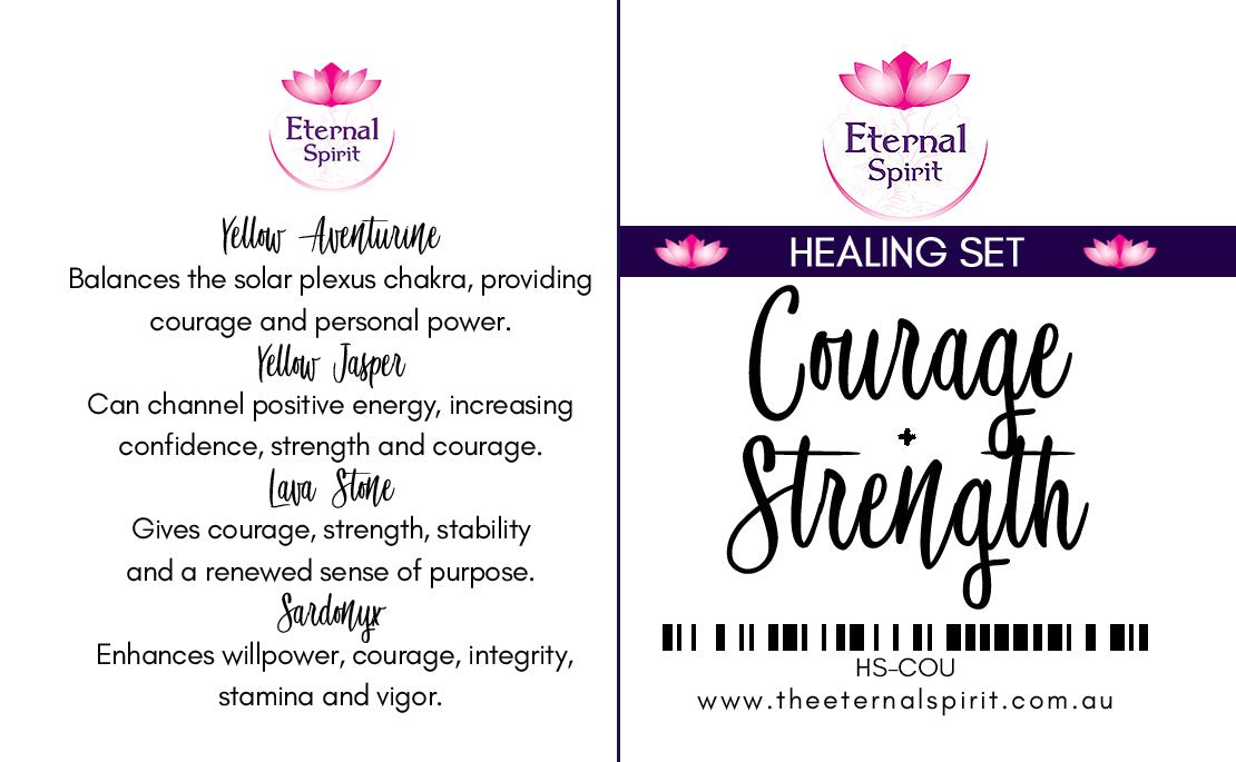 Crystals from Courage Strength healing set displayed on surface — Eternal Spirit