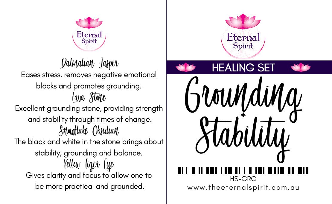 Crystals from Grounding Stability healing set displayed on surface — Eternal Spirit