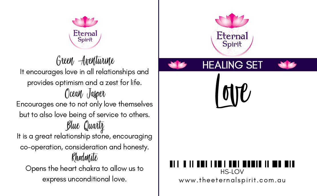 Crystals from Love healing set displayed on surface — Eternal Spirit