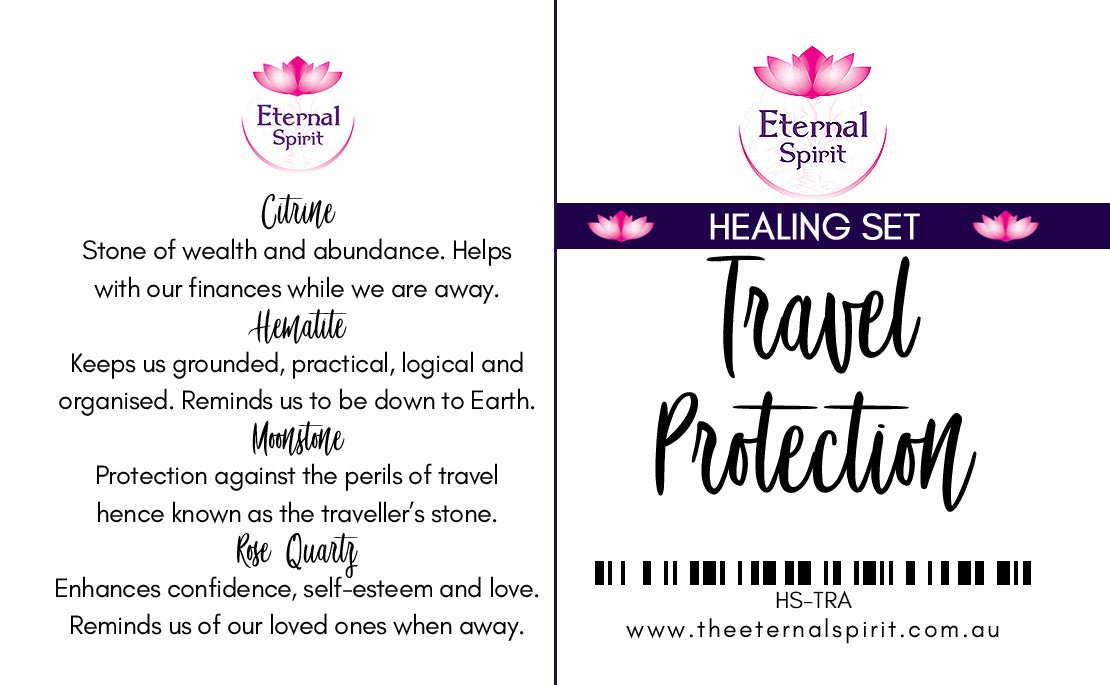 Crystals from Travel Protection healing set displayed on surface — Eternal Spirit