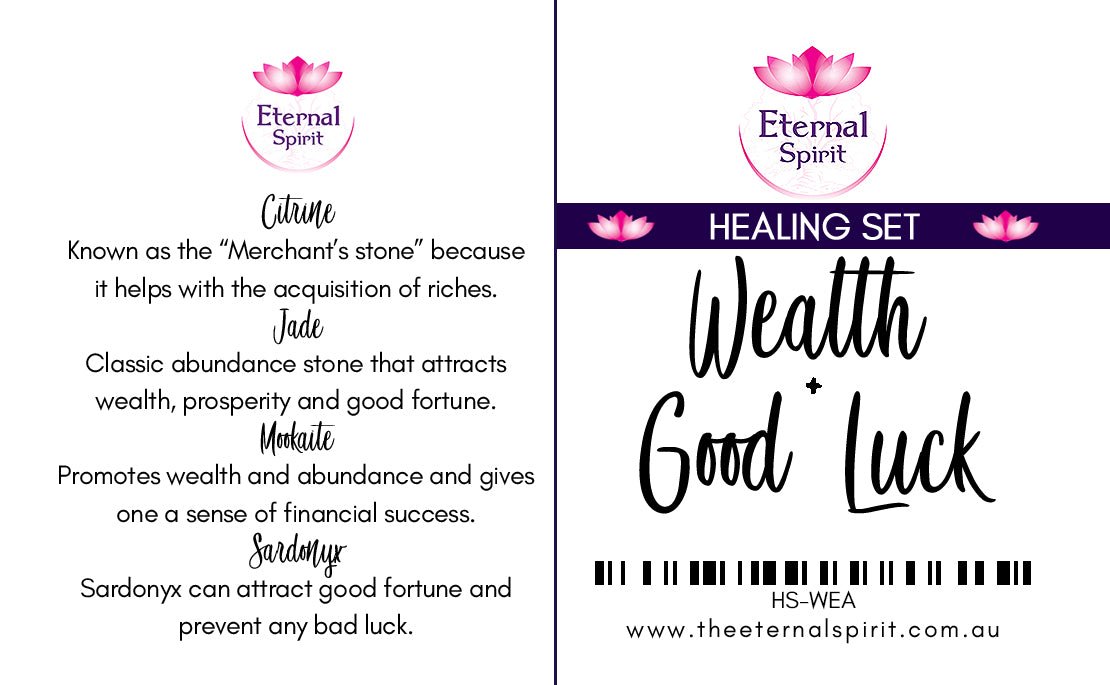Crystals from Wealth Good Luck healing set displayed on surface — Eternal Spirit