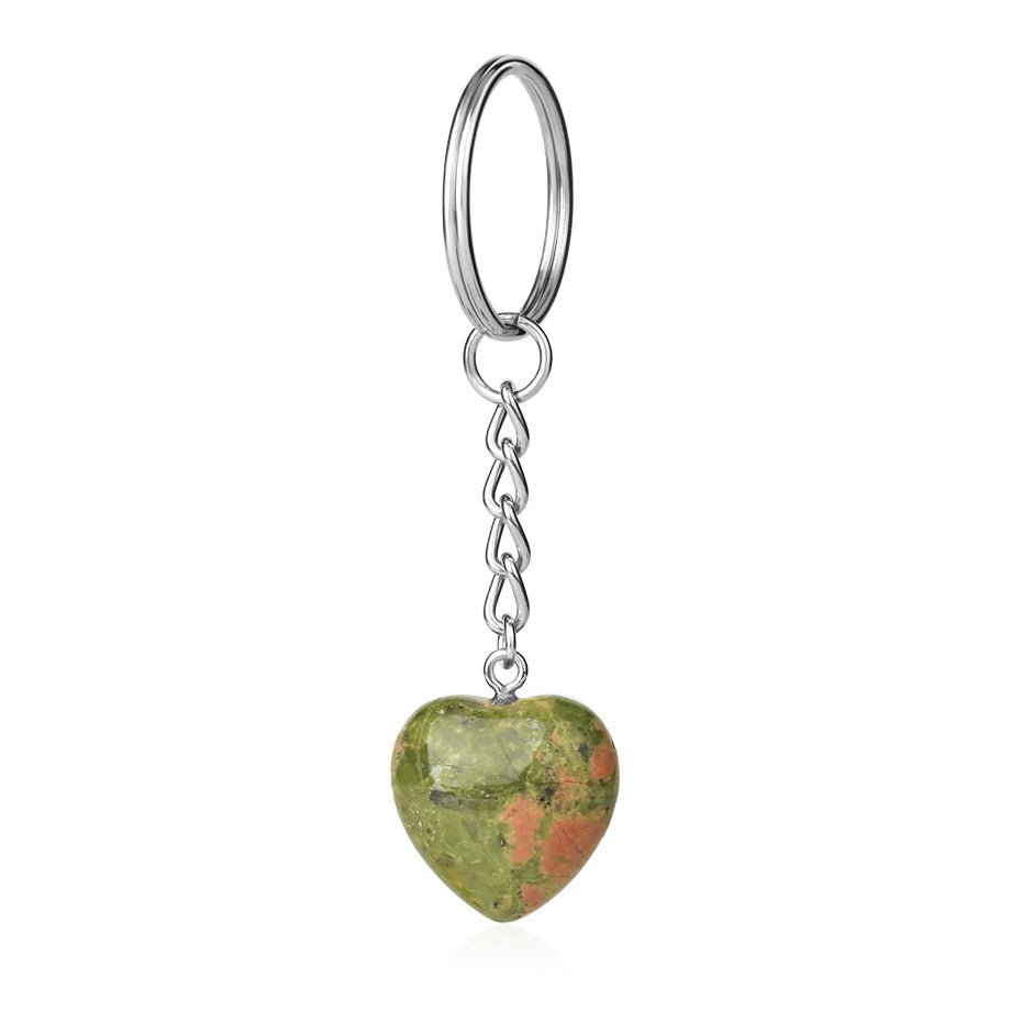 Mossy Green And Pink Unakite heart crystal key ring — Eternal Spirit