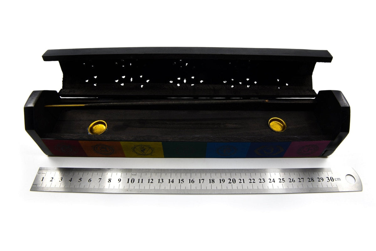 Black wooden Pentagram incense box, carved lid — Eternal Spirit