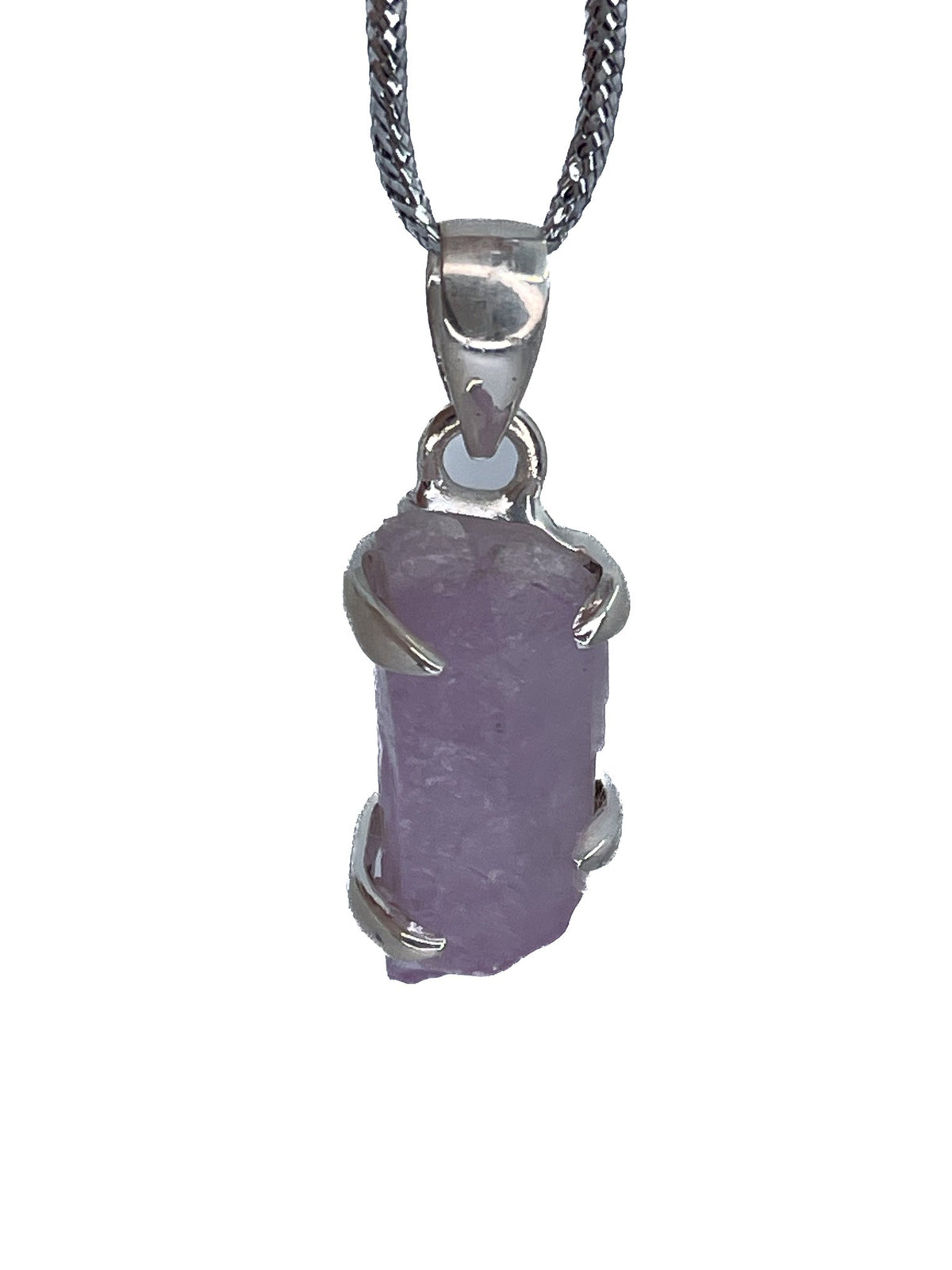 kunzite rough pendant, angled view showing silver bail and stone profile — Eternal Spirit