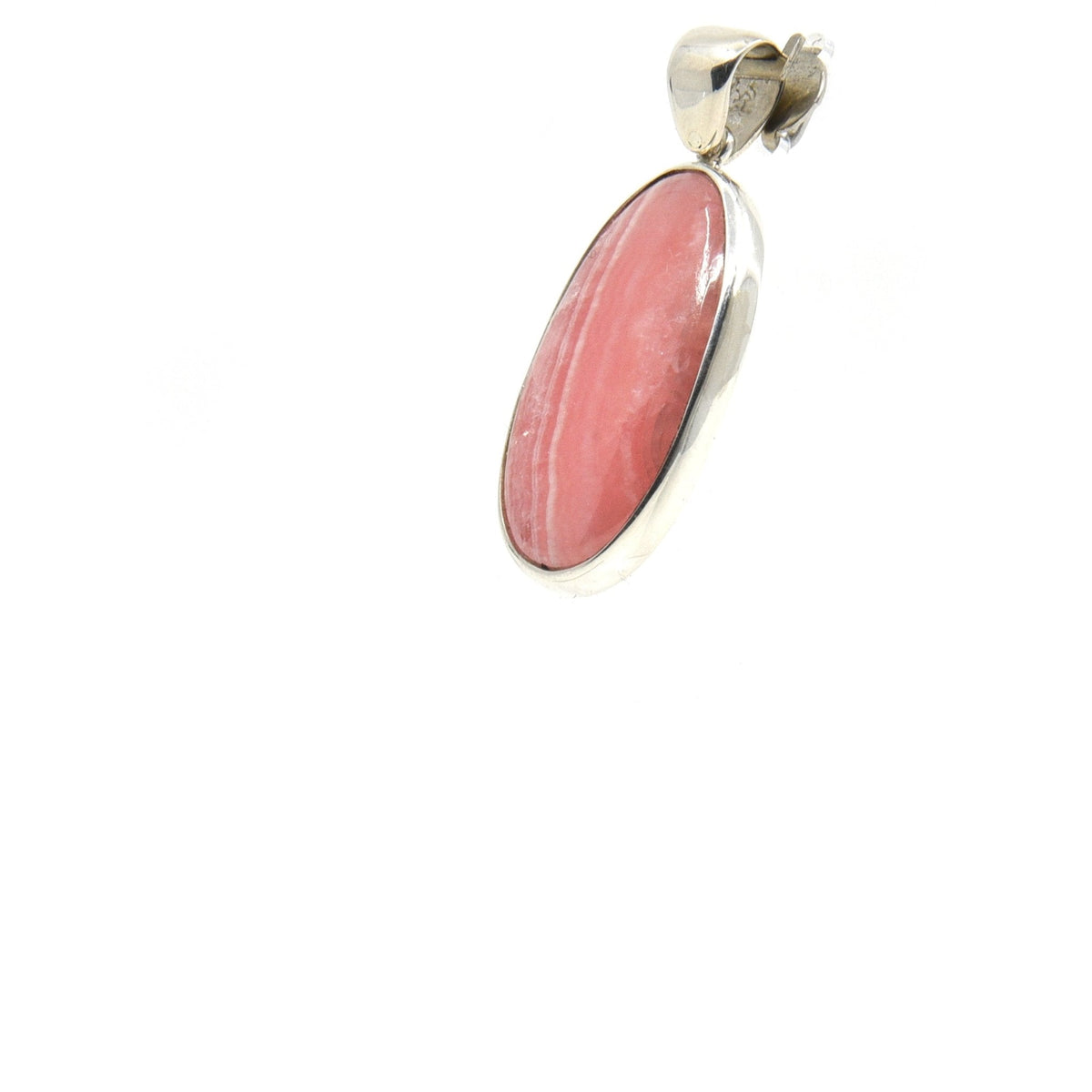 rhodocrosite cabochon oval pendant, angled view showing silver bail and stone profile — Eternal Spirit