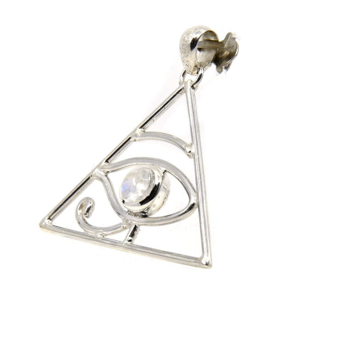 moonstone (rainbow) eye of horus pendant, angled view showing silver bail and stone profile — Eternal Spirit
