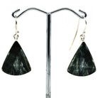 seraphinite cabochon triangle earrings with silver setting on white background — Eternal Spirit