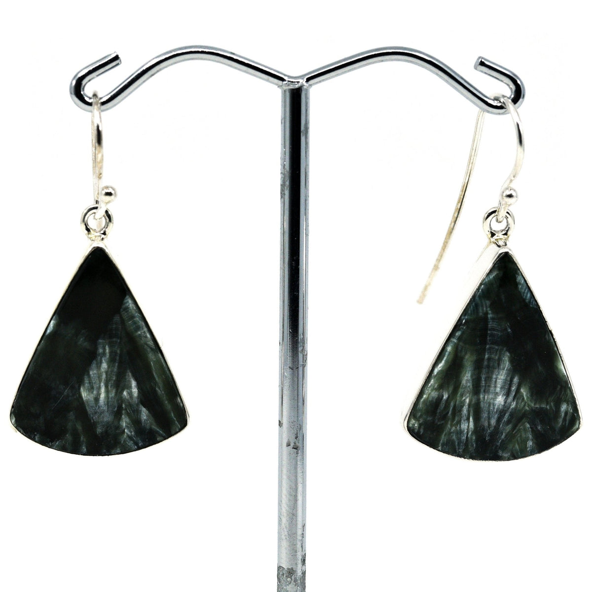 seraphinite cabochon triangle earrings with silver setting on white background — Eternal Spirit