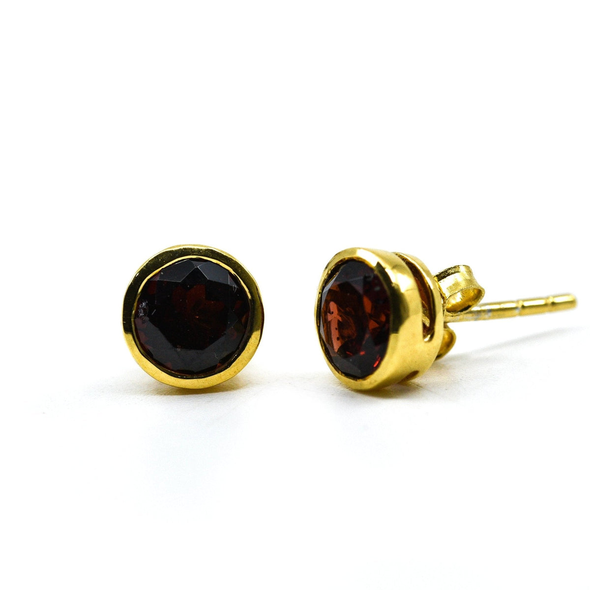 earrings - 24k gold plated "garnet" studs #e612 with silver setting on white background — Eternal Spirit