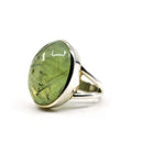 Prehnite with Epidote ring #R721 angled to reveal its polished setting and silver band — Eternal Spirit