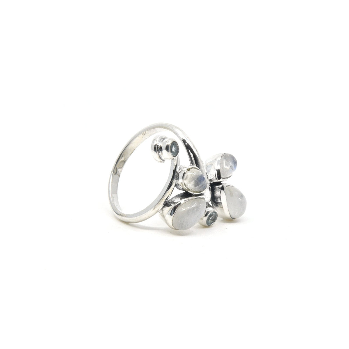 Moonstone (Rainbow) ring #R308 angled to reveal its polished setting and silver band — Eternal Spirit