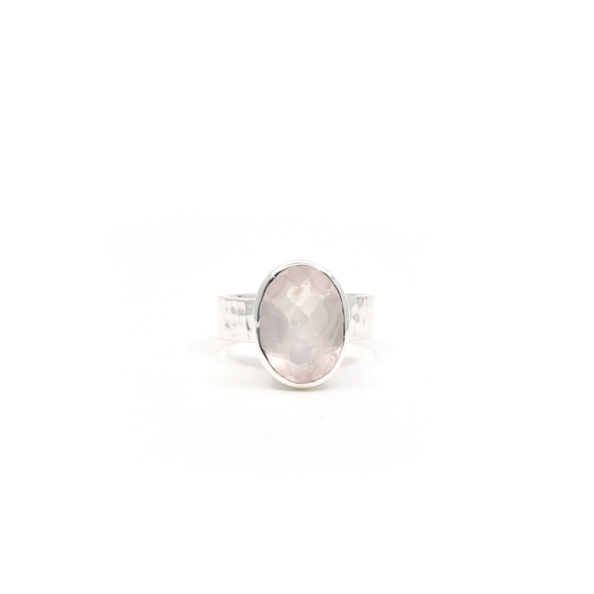 blush pink Quartz (Rose) crystal ring viewed from above, size L #R316 — Eternal Spirit