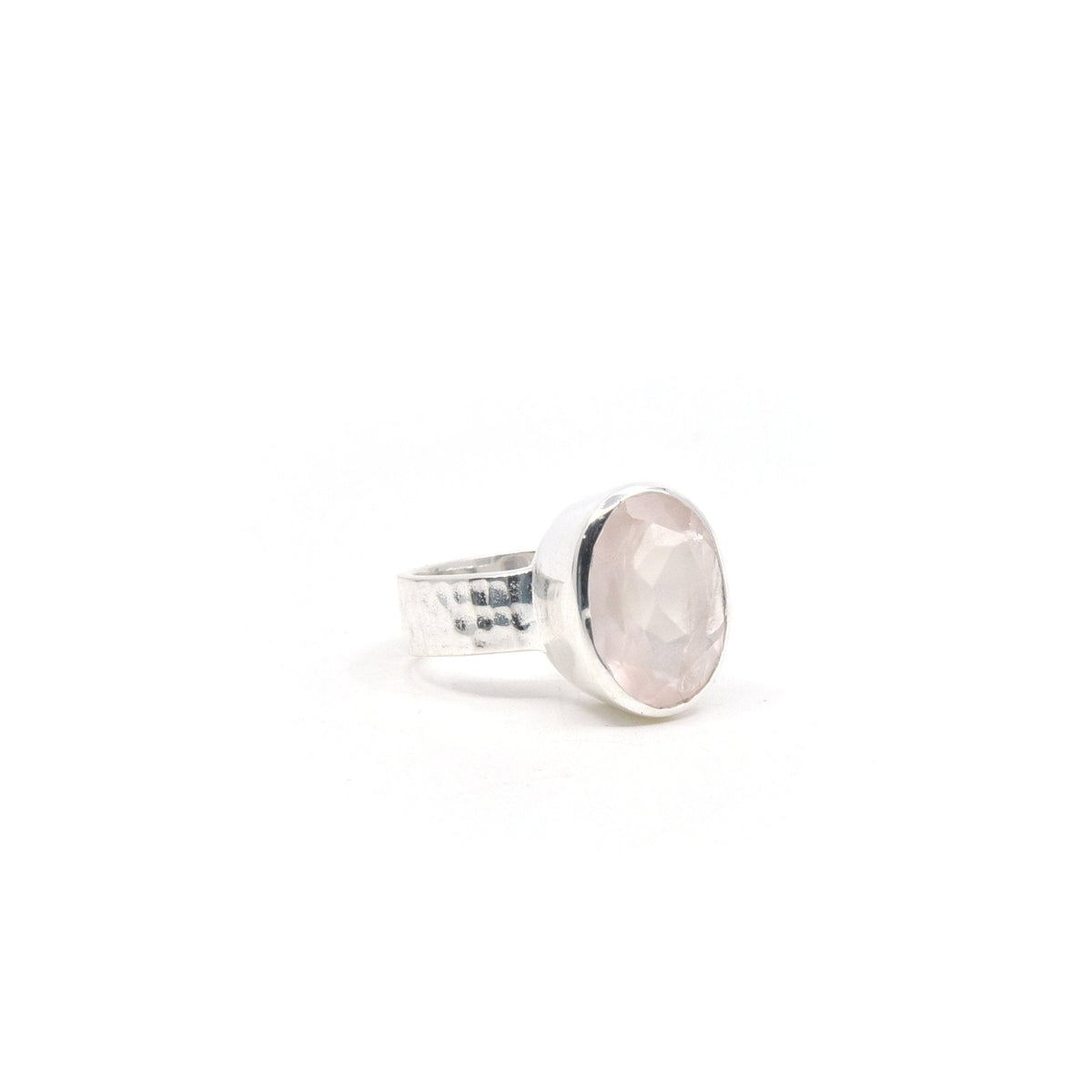 Quartz (Rose) ring #R316 angled to reveal its polished setting and silver band — Eternal Spirit