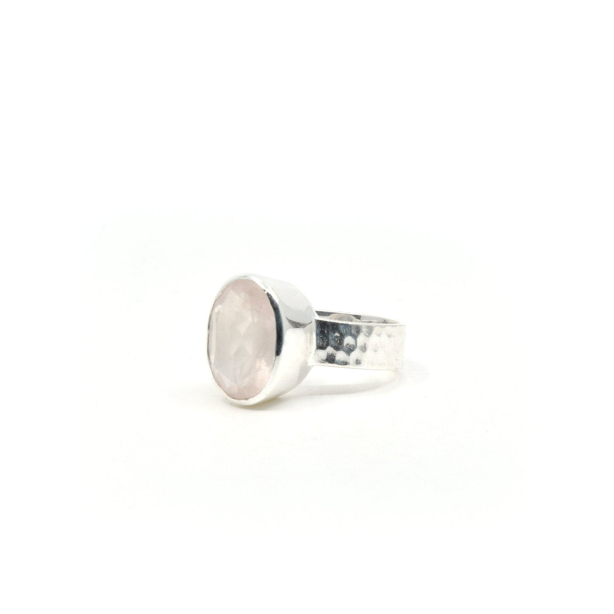 elegant side profile of Quartz (Rose) ring #R316, the gemstone catching light — Eternal Spirit