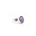 Amethyst ring #R318 angled to reveal its polished setting and silver band — Eternal Spirit