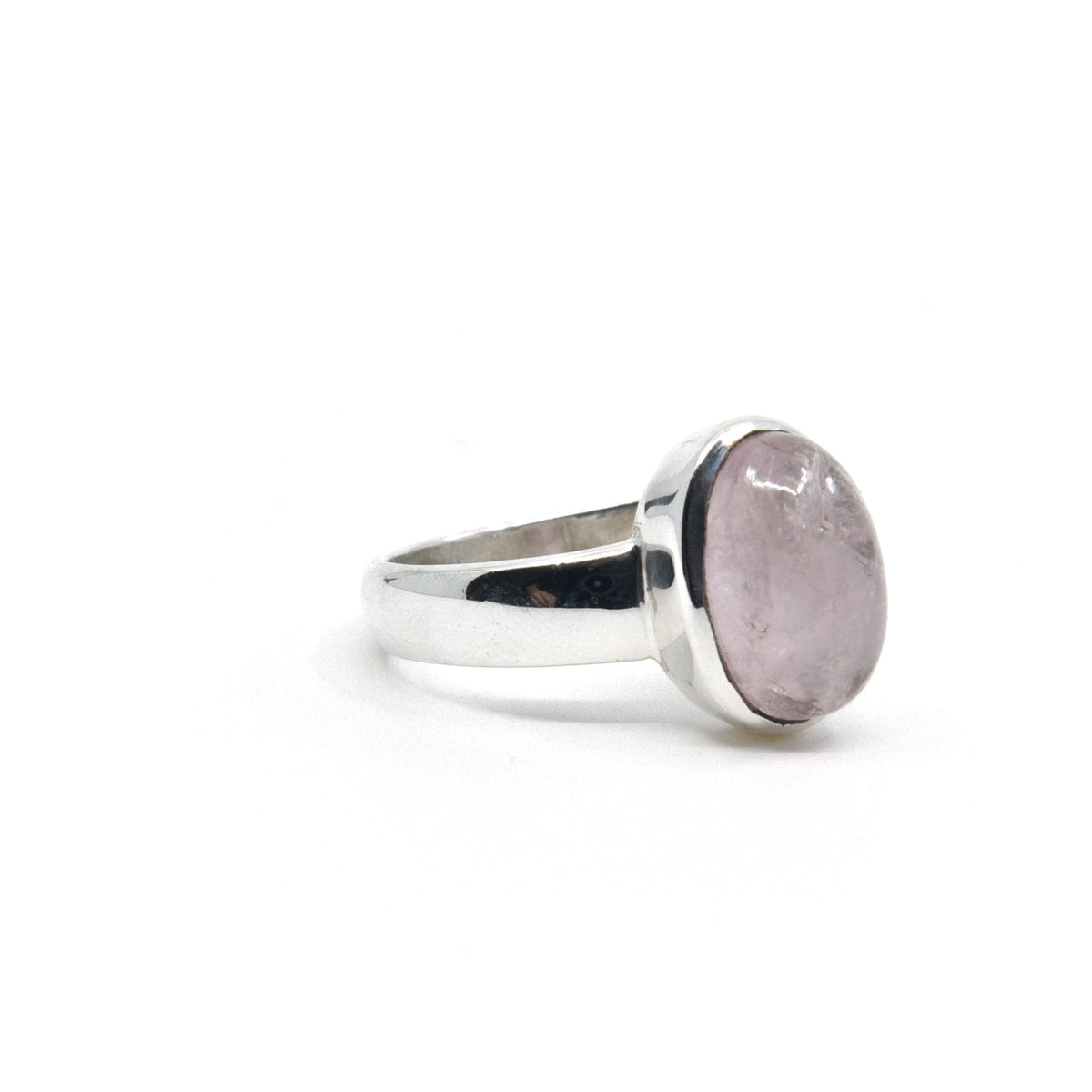 Morganite ring #R436 angled to reveal its polished setting and silver band — Eternal Spirit
