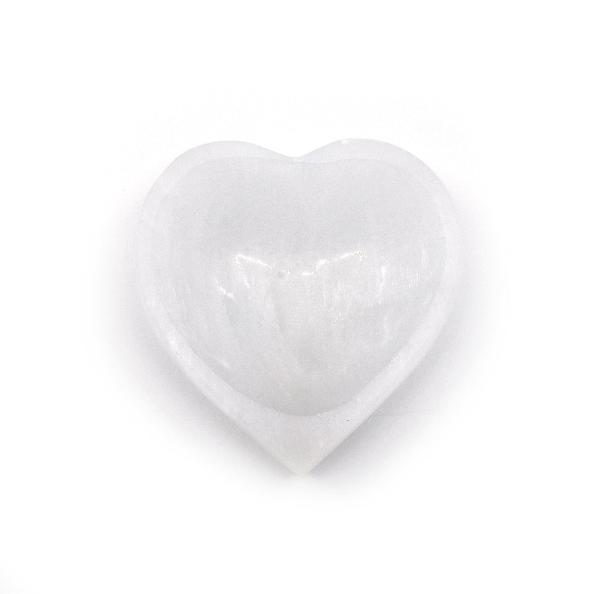 luminous white Selenite charging bowl with Heart design, showing depth and lustre — Eternal Spirit
