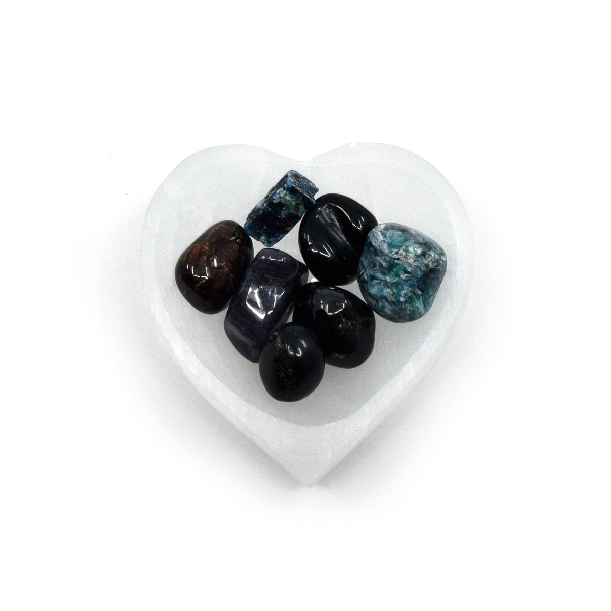 luminous white Selenite charging bowl with Heart design, displaying crystalline detail — Eternal Spirit